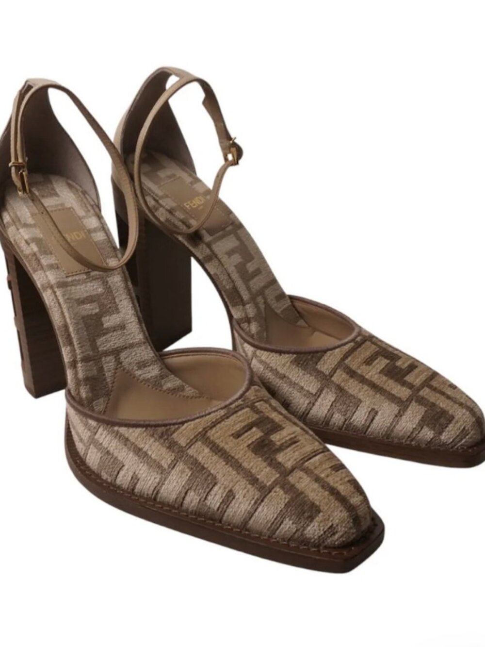 Chenille Jacquard FF Cut Baguette Ankle Strap 105mm Pumps 39 Tortora Nuvola